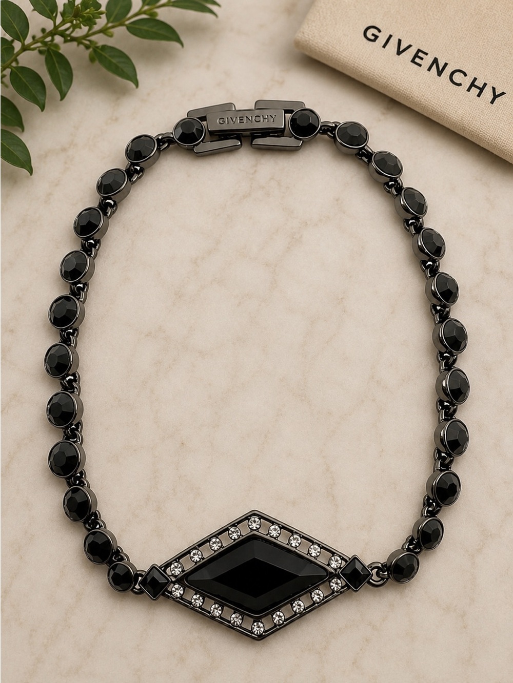 Givenchy Hematite Tone Jet Stone Line Bracelet.